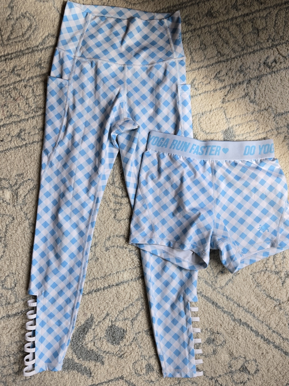 Runners Love Yoga / Relay Active Light Blue Gingham Active Leggings & Shorts Set